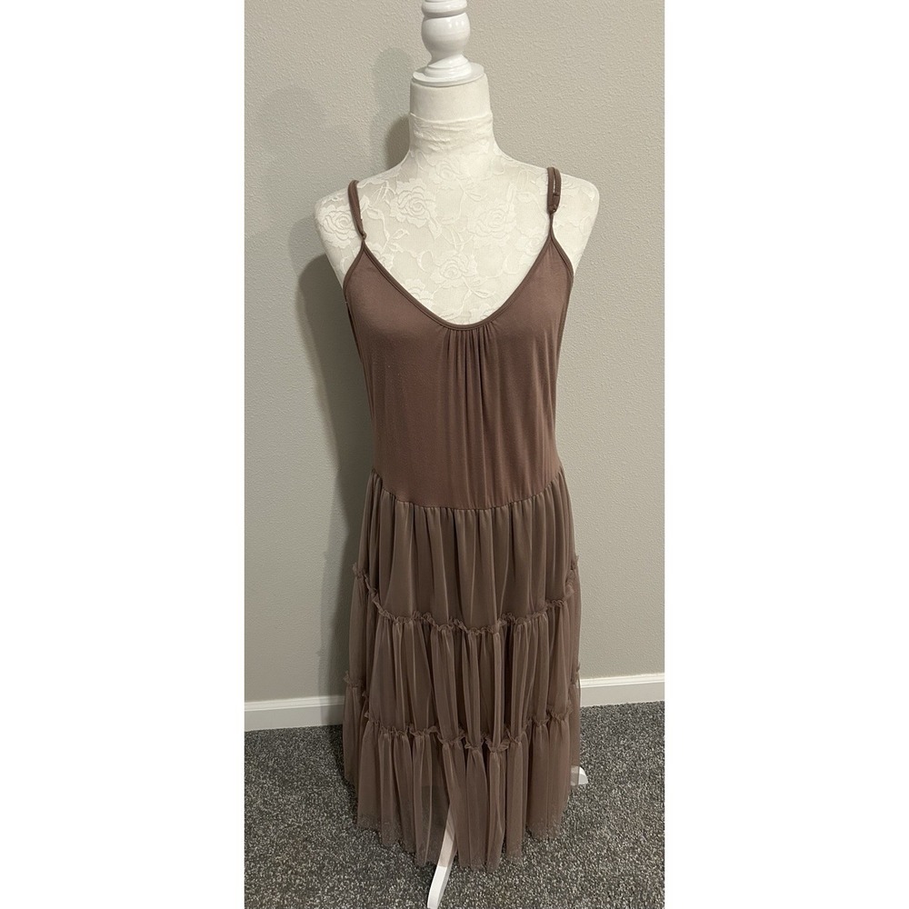A'reve Midi Dress L Brown Sleeveless Adj Strap Waisted Ruffle Net Overlay Skirt
